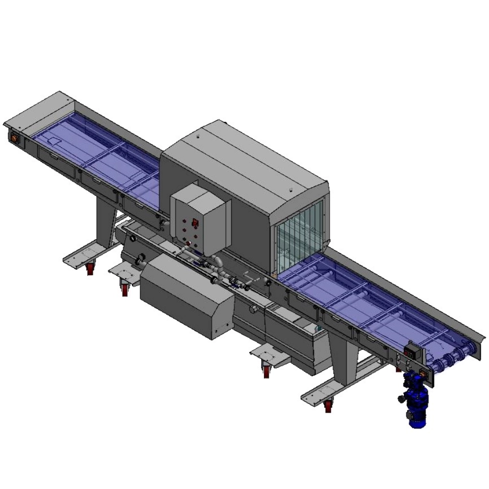 Washing and disinfection tunnel with high-pressure nozzles for strawberry plants with sand discharge