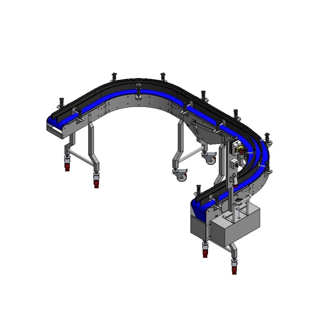 Bandes modulaires en U pour chargement et déchargement de plateaux de produits de confiserie et inversion de direction